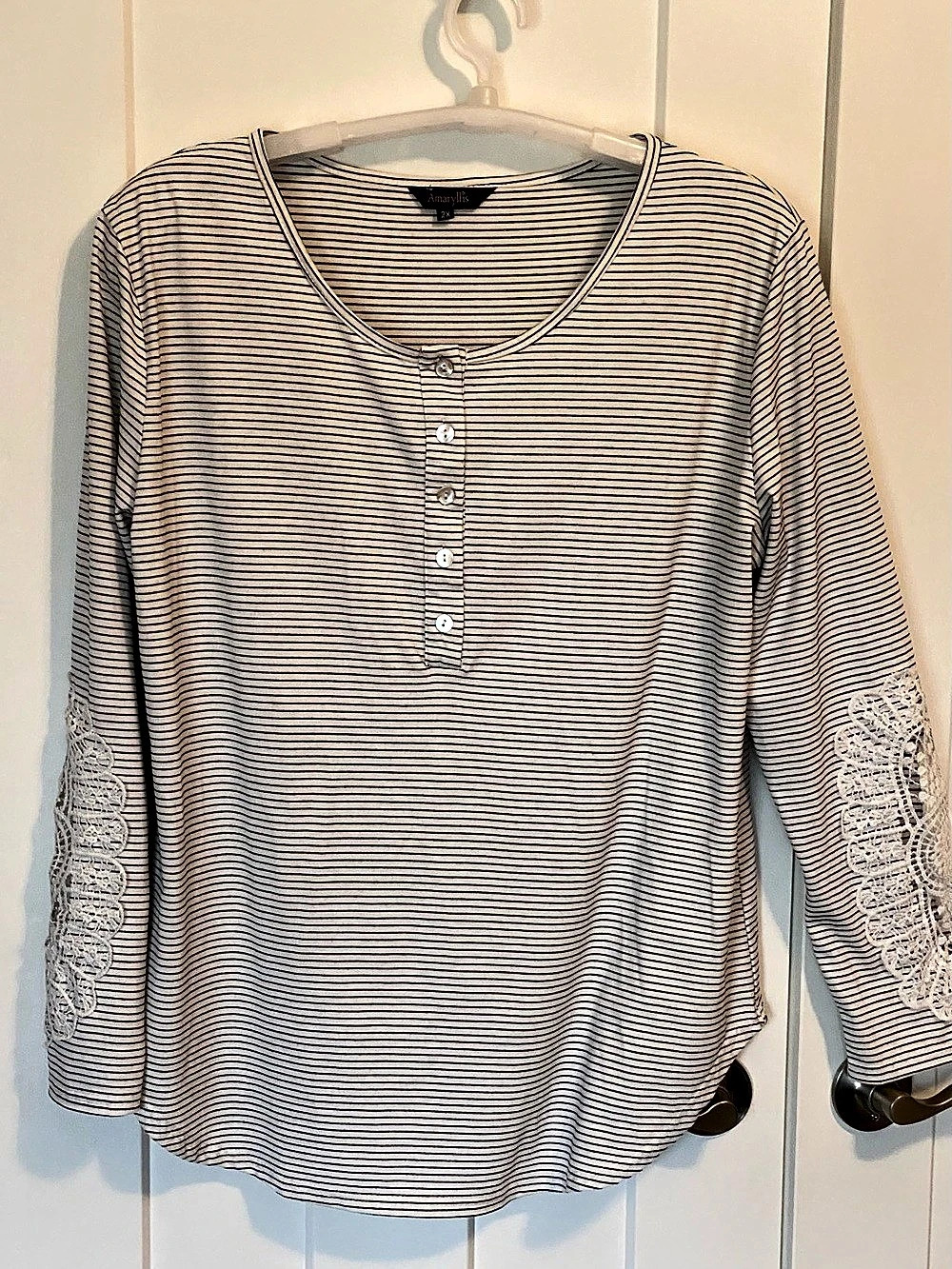 Amaryllis Stripe Crochet Shoulder Henley Long Sleeve Top 2X